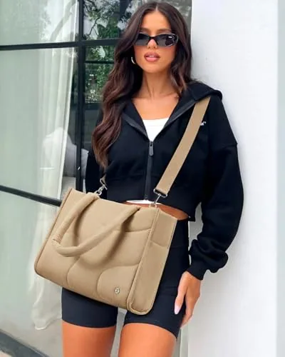 Quilted Tote Bag in Khaki, view 2
