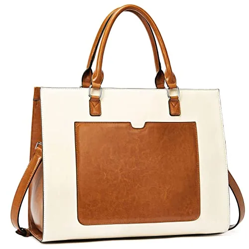 Large Capacity Leather Briefcase in Brown with Beige