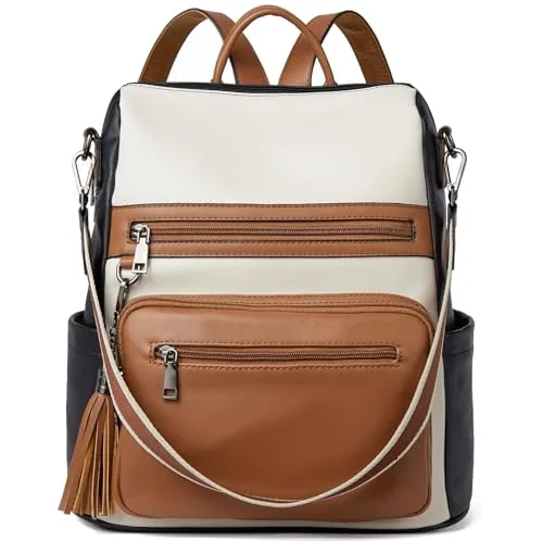 Large Tassel Backpack Purse in Beige Black Brown