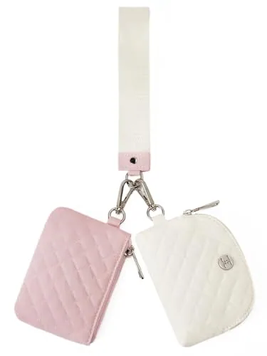 Small Zip Wristlet in Beige with Pink