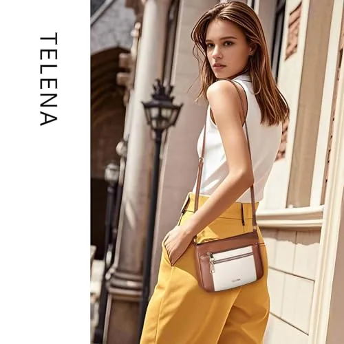 Vegan Leather Crossbody Bag in Beige with Brown, view 2