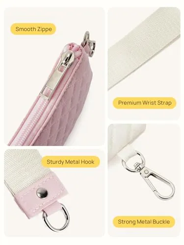 Small Zip Wristlet in Beige with Pink, view 4